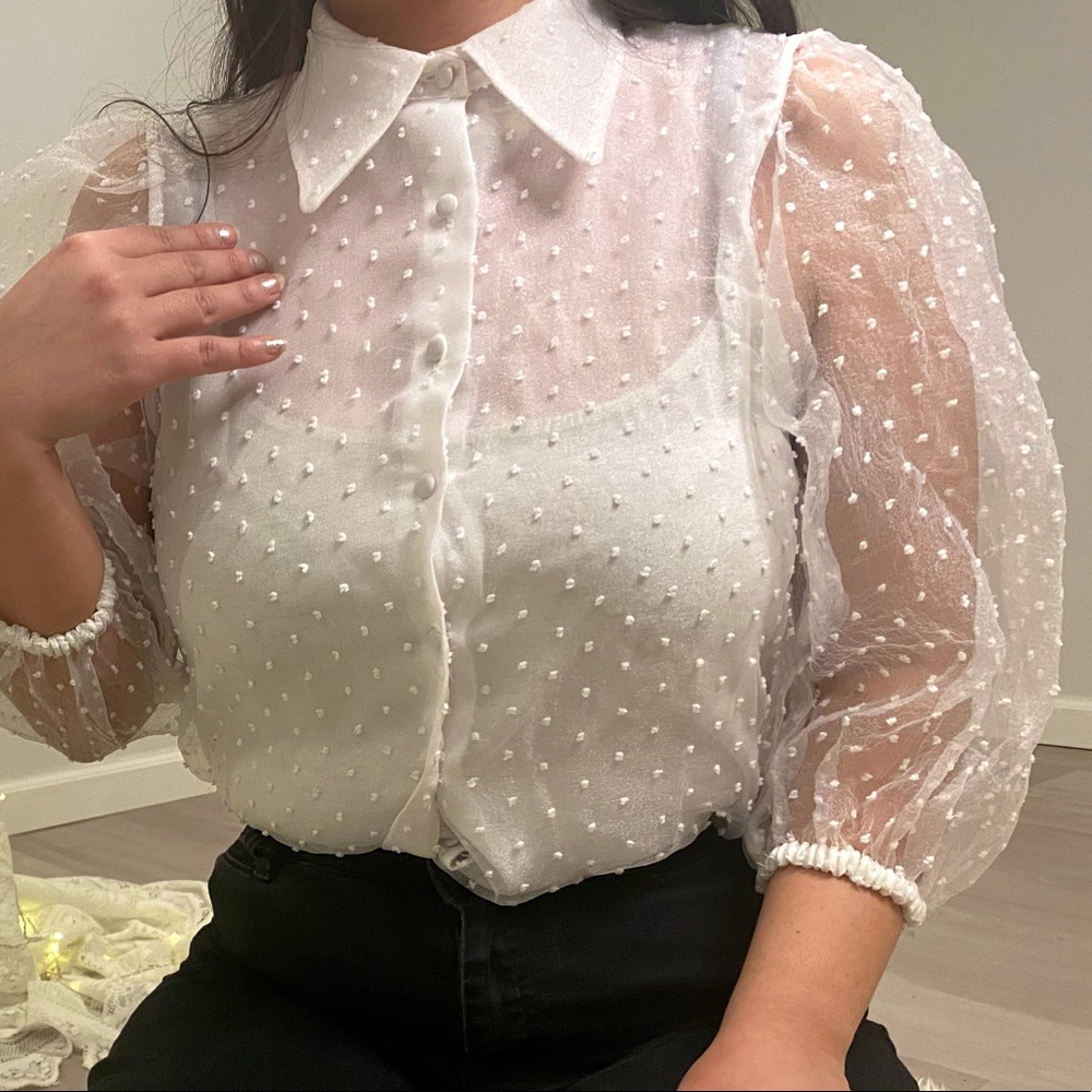 Zara dotted sheer white blouse with puffy sleeves